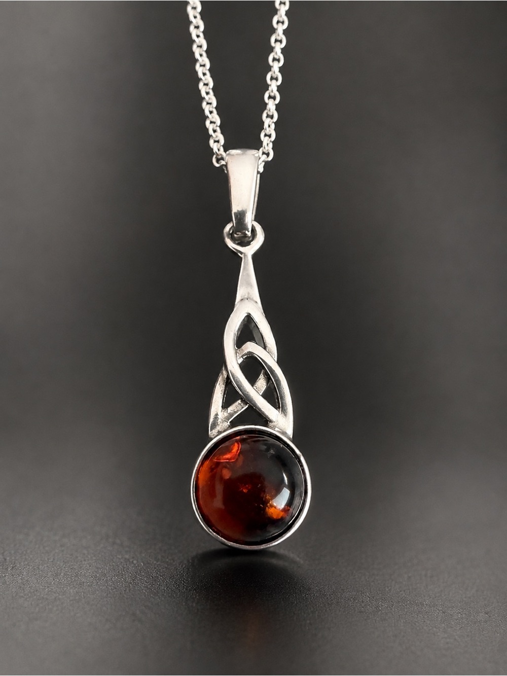 Estate Sterling Silver Celtic Knot Baltic Amber Necklace w/ Sterling Plate Chain